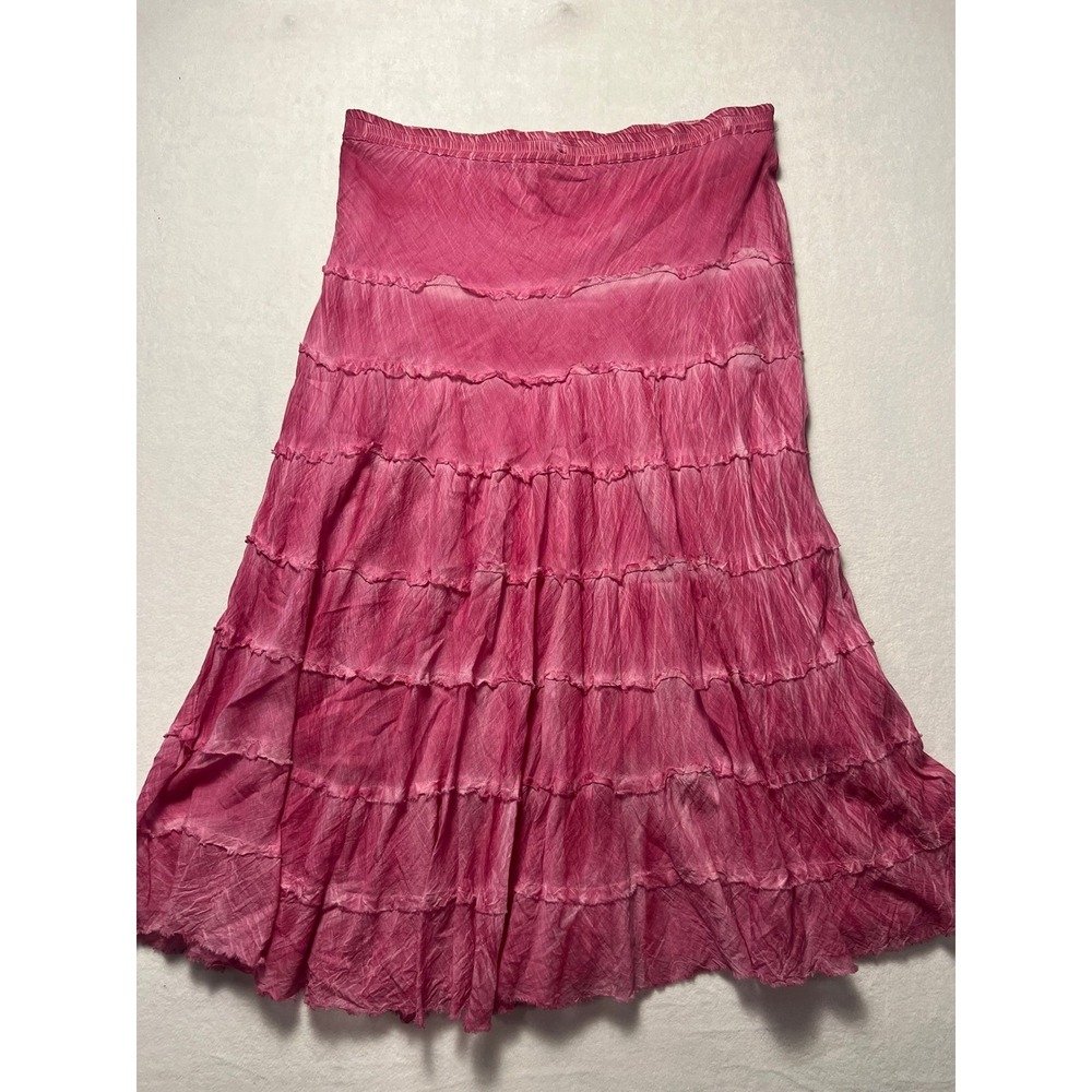 Metro Wear Sm Maxi Skirt Boho Tiered Pink Tie Dye Cotton Ruffle Crinkle Gyspy